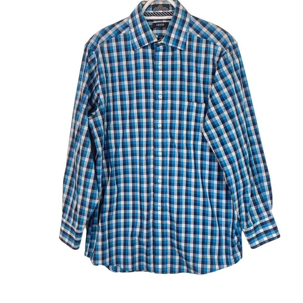 IZOD Blue Plaid Regular Fit Twill Long Sleeve Casual Button Down Dress Size 15